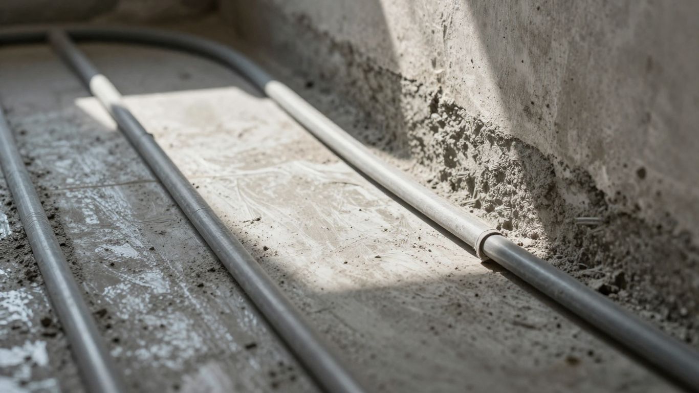 Installation de chauffage au sol dans une chape de béton.