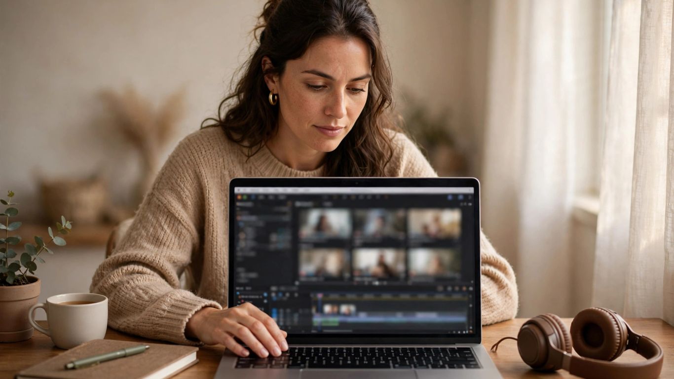 Adult creator reviewing video drafts on a laptop