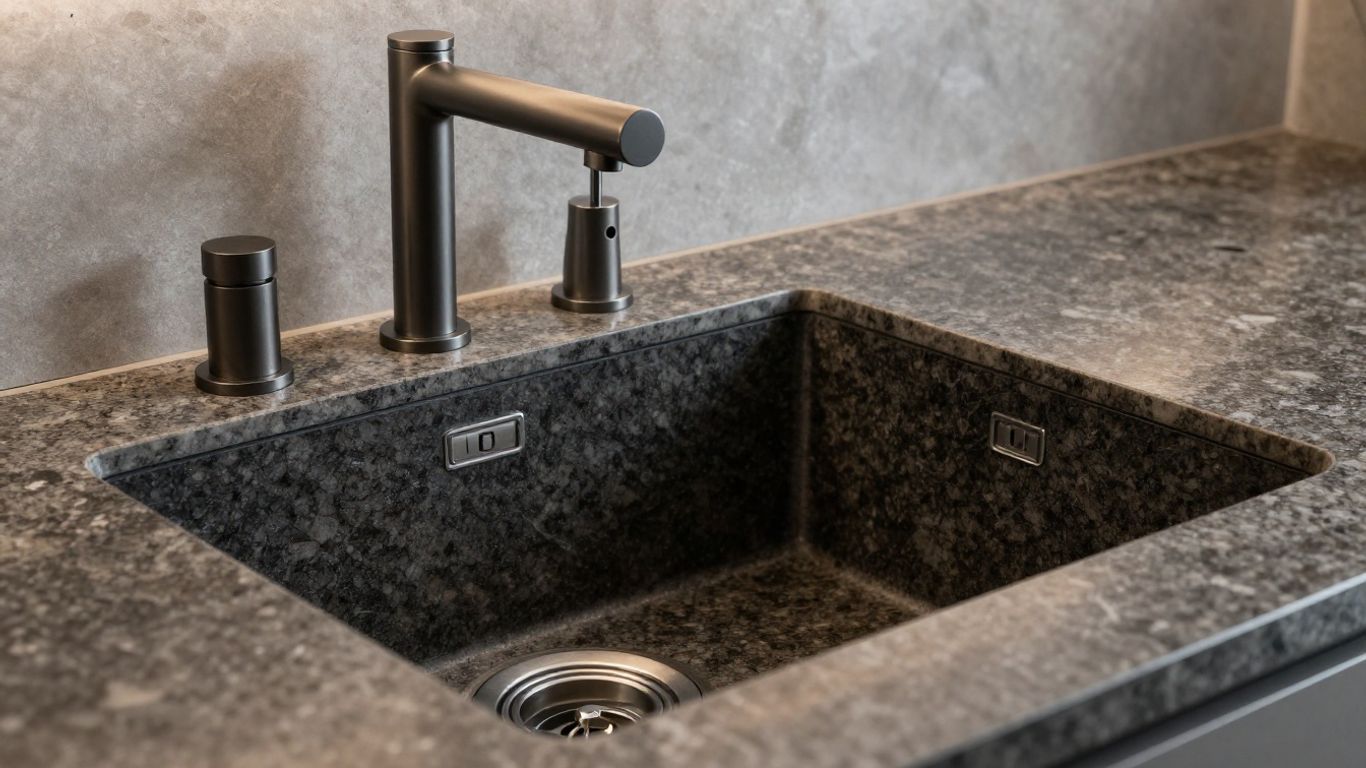 Granite kitchen sink with modern faucet and countertop.