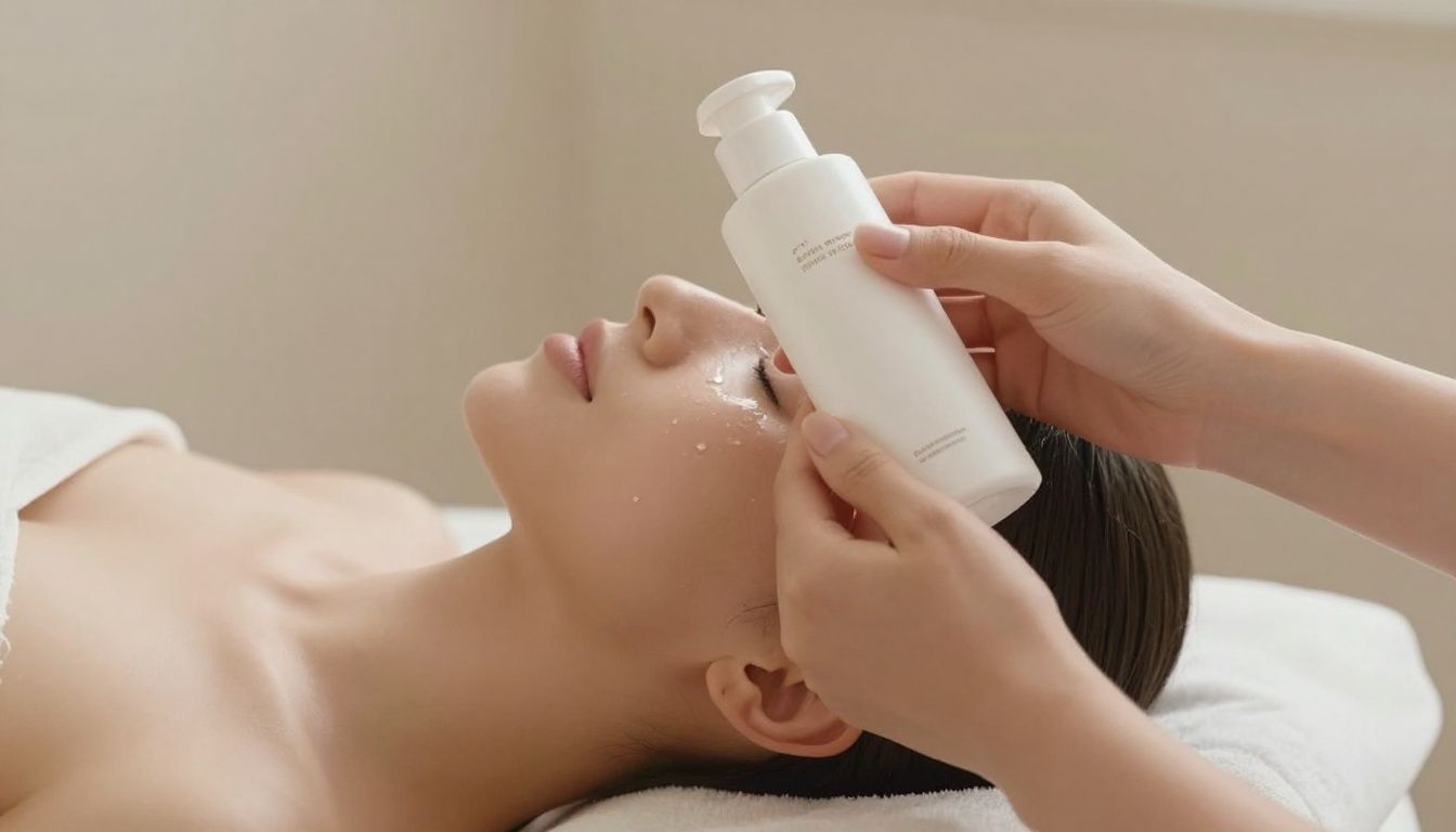 Photorealistic image of a woman’s hands holding a simple skincare routine beside a softly lit spa mirror, natural skin tones, peaceful setting, no text, logos, or recognizable face