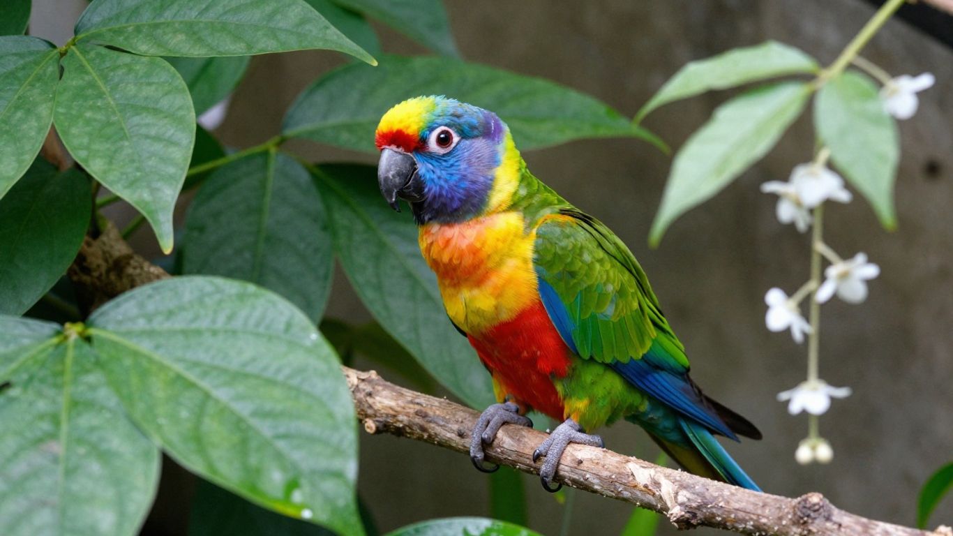 Papagei sitzt neben giftigen und sicheren Zimmerpflanzen.