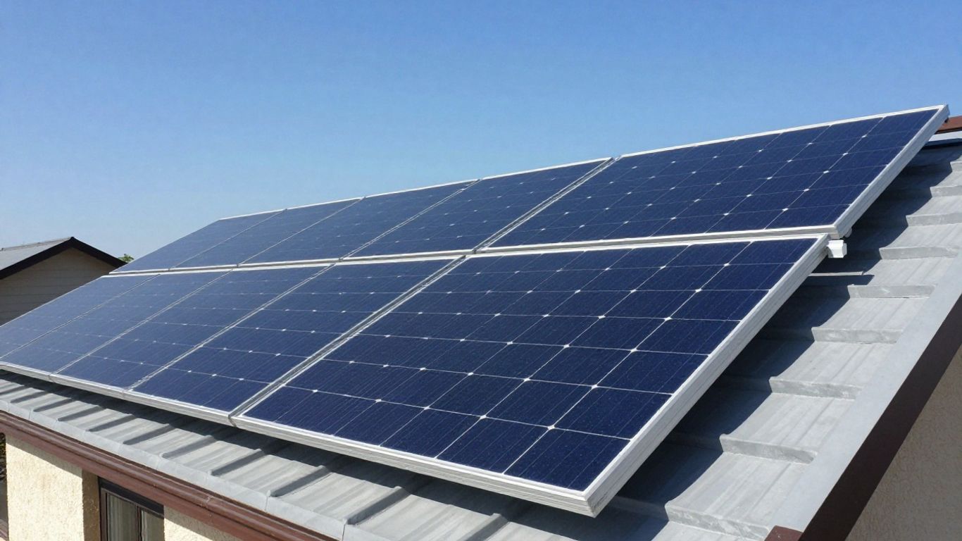 Panneaux solaires sur un toit sous un ciel bleu.