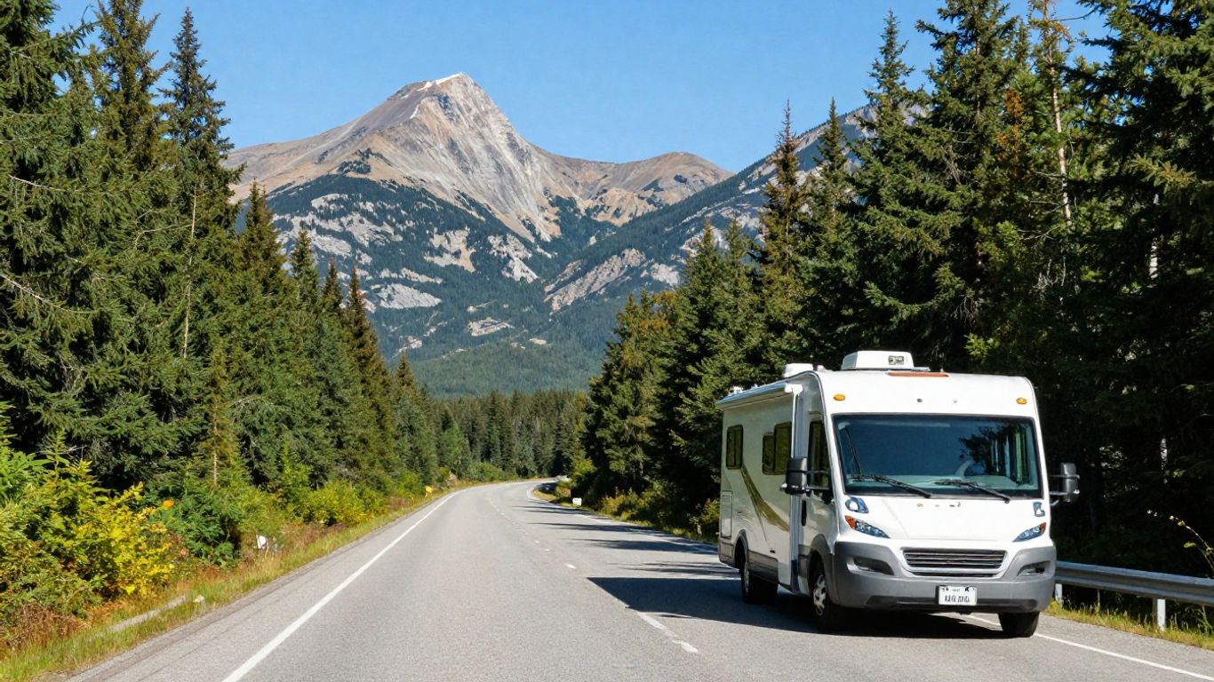 RV driving on a scenic Canadian highway.