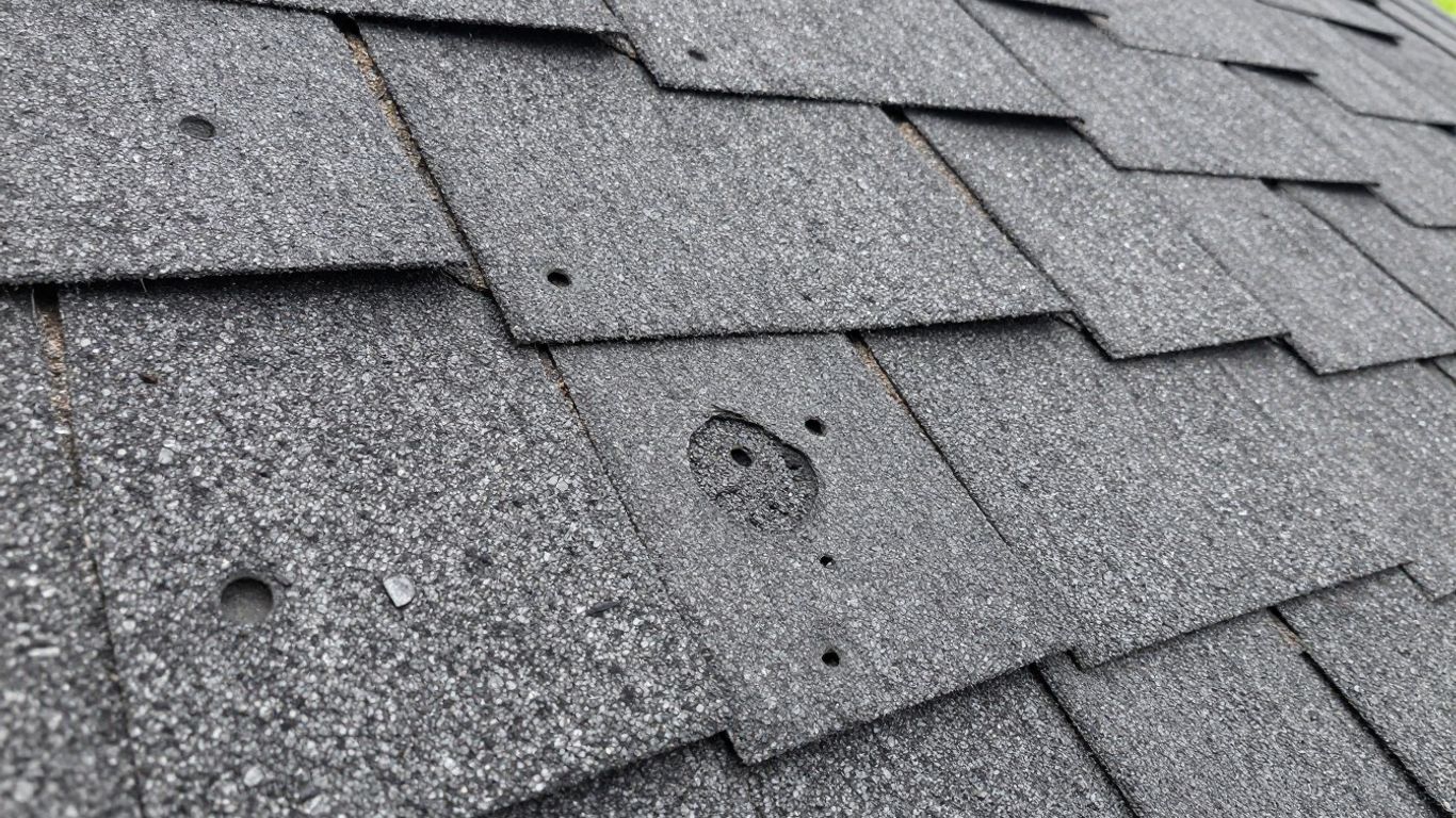 Hail damage on asphalt roof shingles after a storm.