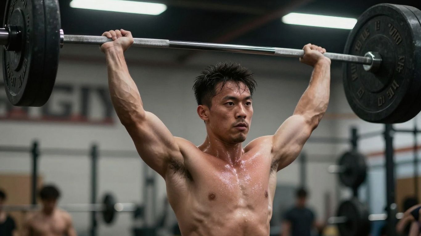 Halterofil ridicând o bară grea deasupra capului.