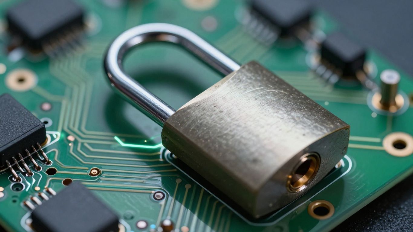 Padlock on a digital circuit board, indicating IT security.
