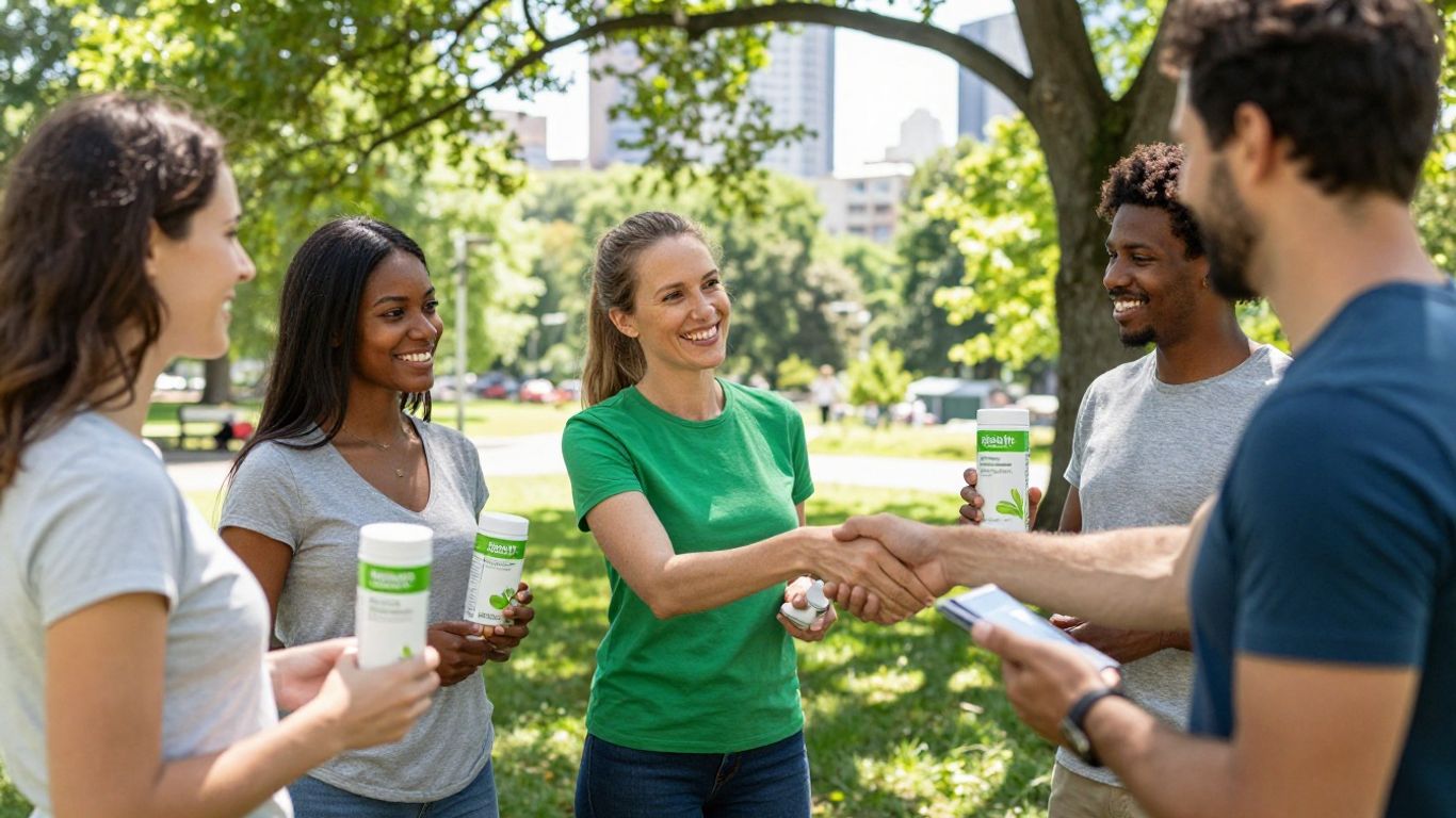 Herbalife distributors connecting with people in a park.