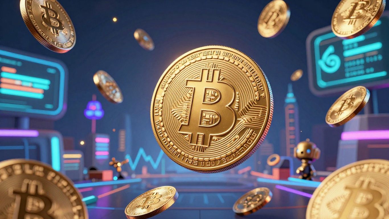 Crypto coins, blockchain, and gaming elements in a digital landscape.