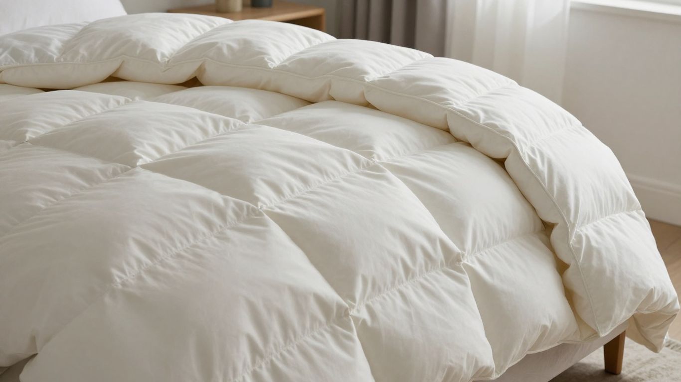 Plush Brooklinen down comforter folded on a bed.