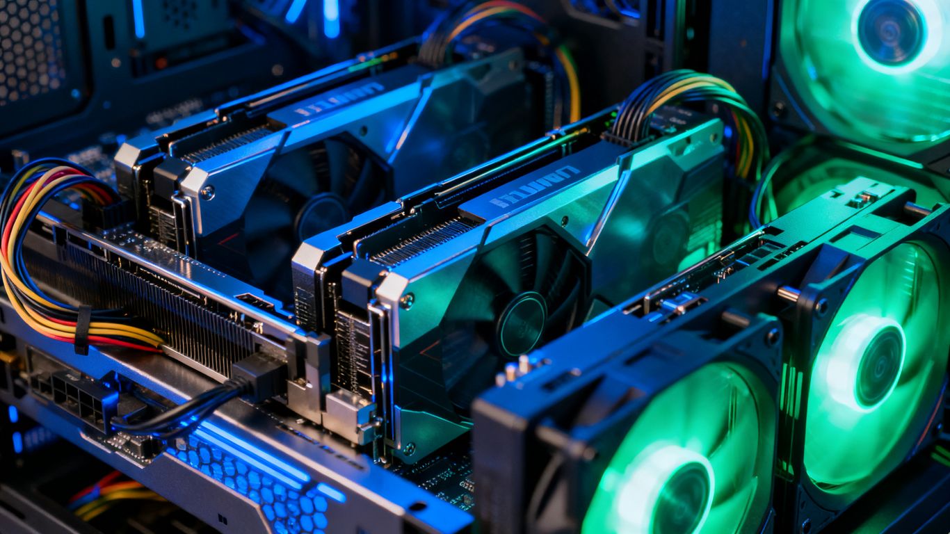 Crypto mining rig with glowing graphics cards.