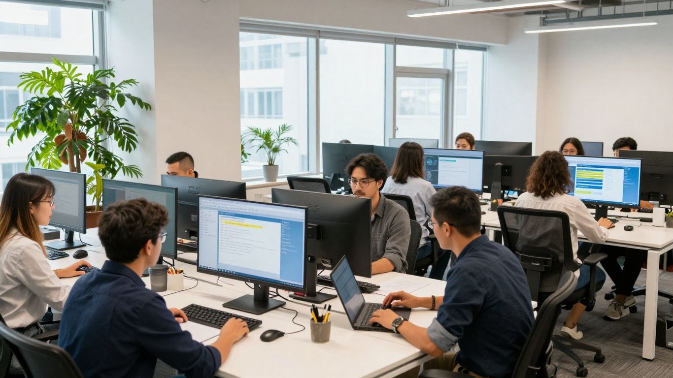 Team collaborating in a modern office, digital interfaces visible.