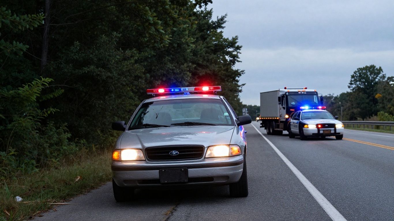 Car accident on the side of a highway with emergency vehicles.