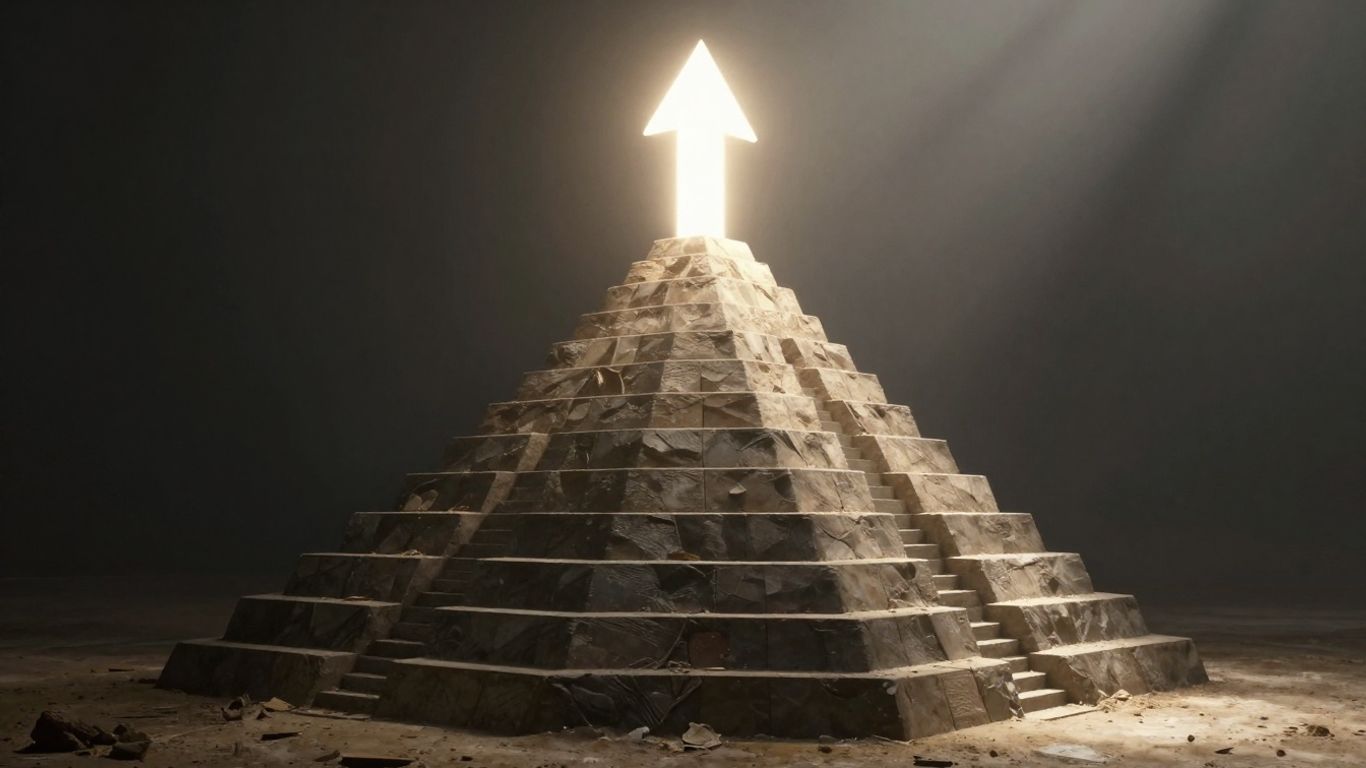 Pyramid structure with arrow pointing upwards towards light.
