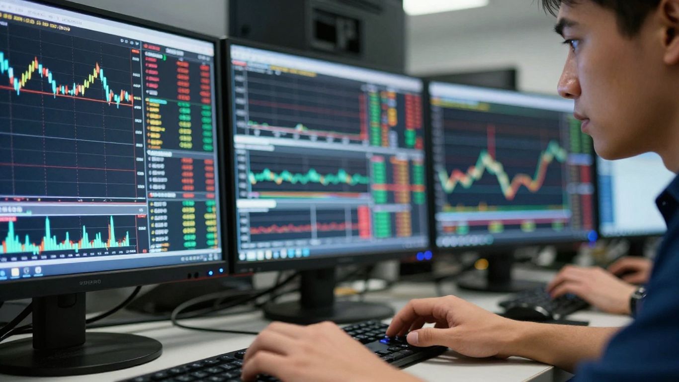 Trader's focused eyes reflecting market data on screens.