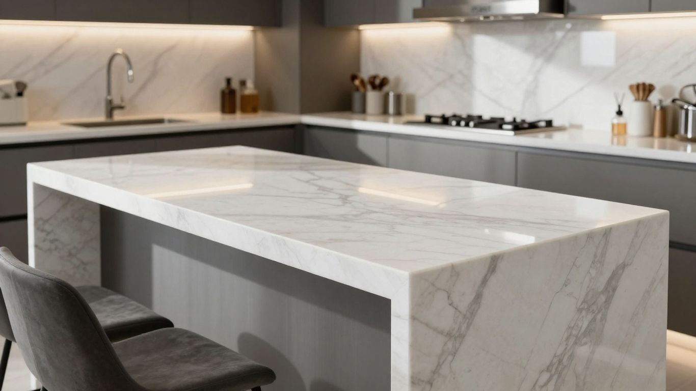 Elegant marble kitchen countertop with natural veining.
