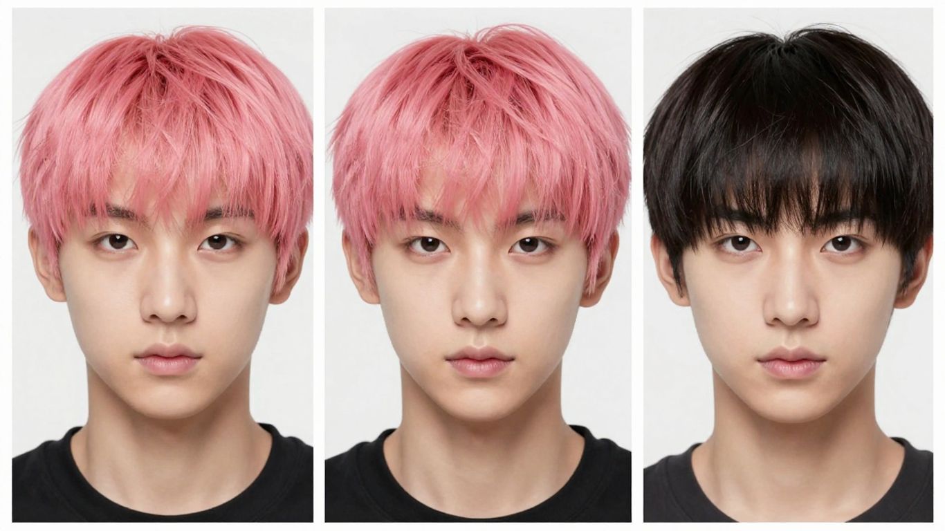 Pessoa com diferentes penteados simulados em aplicativo.