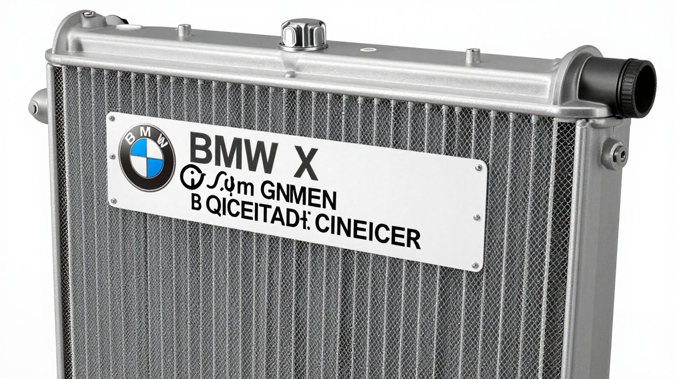 A close-up view of a BMW engine radiator part label showing a clear identification code, high contrast, studio lighting.