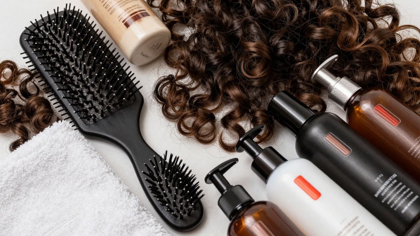 Curly hair care tools and products arranged for a photo.