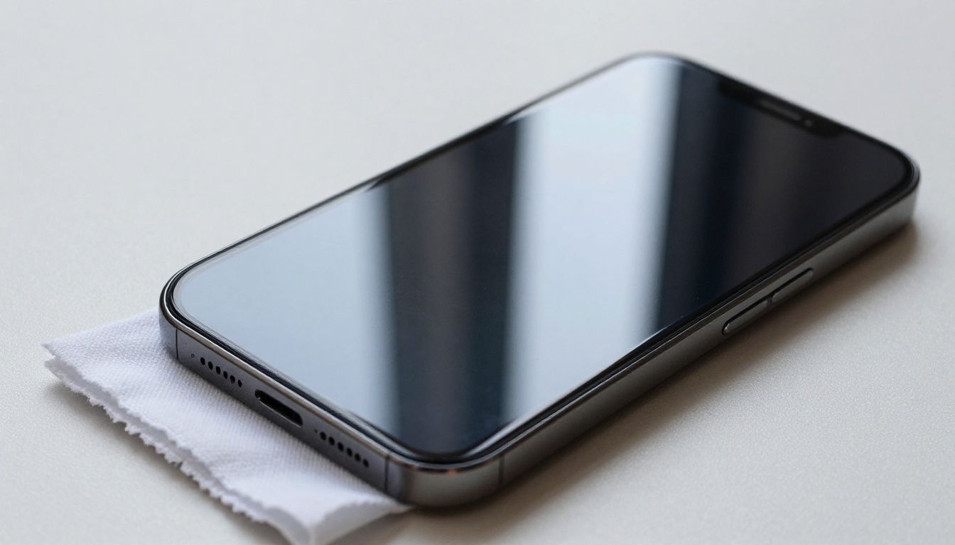 An iPhone 16 with a screen protector being wiped clean with a microfibre cloth, showing a clear, smudge-free screen.