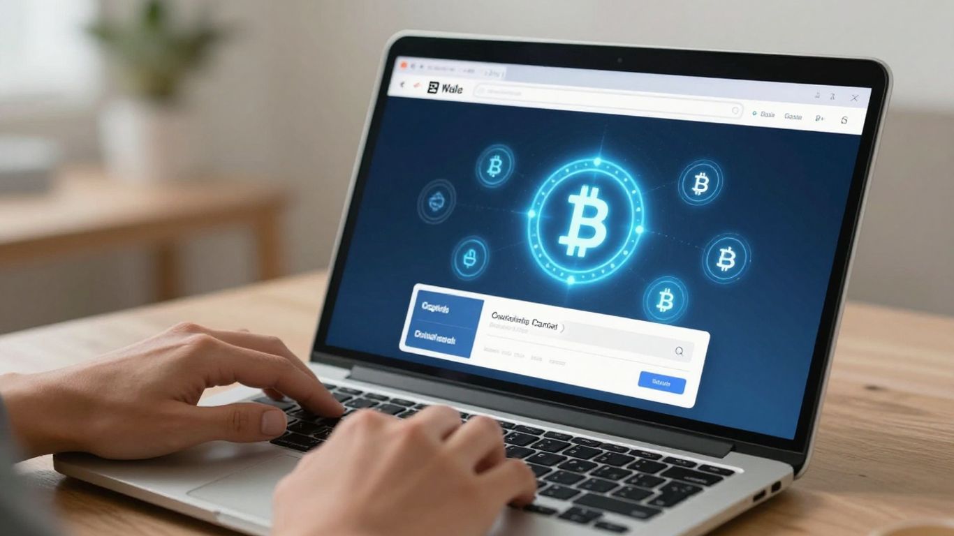 Hands holding laptop with digital wallet on screen.