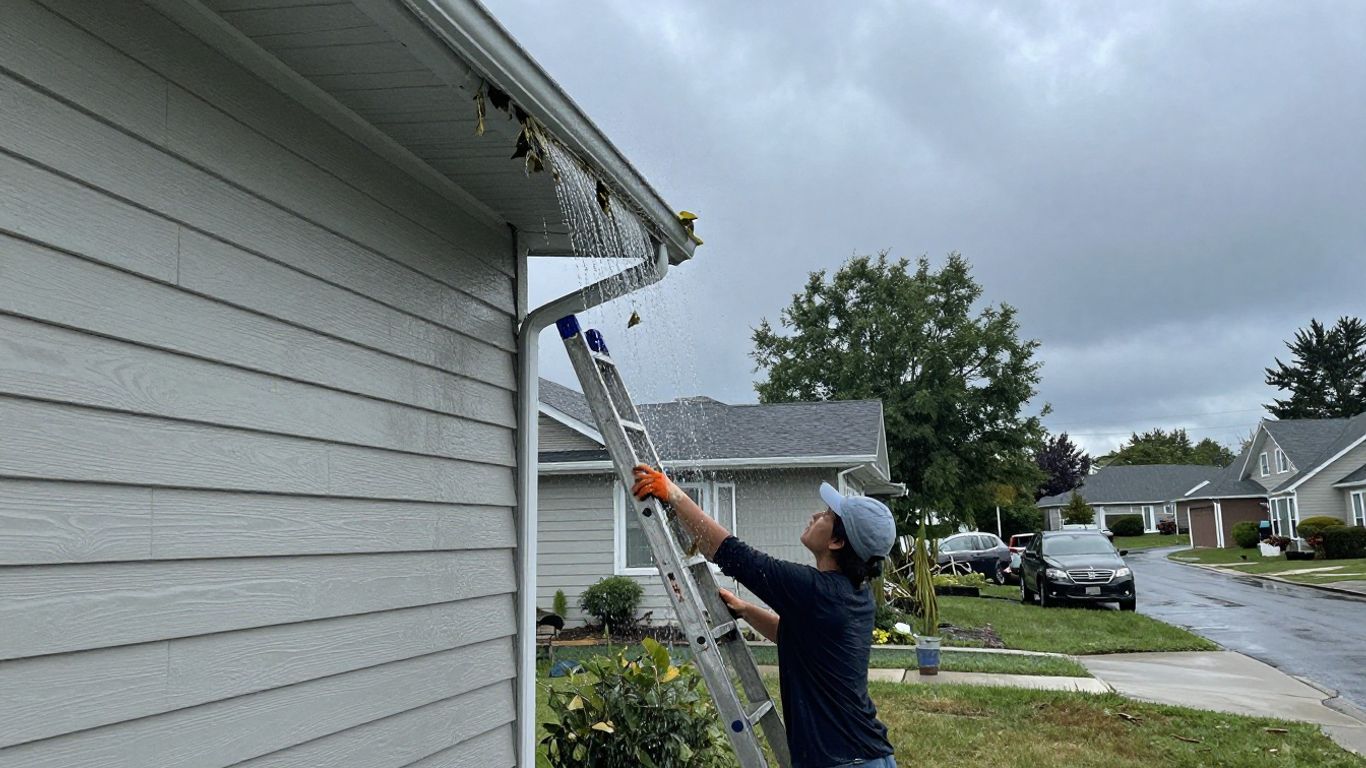 Homeowner cleaning clogged gutters before a storm.