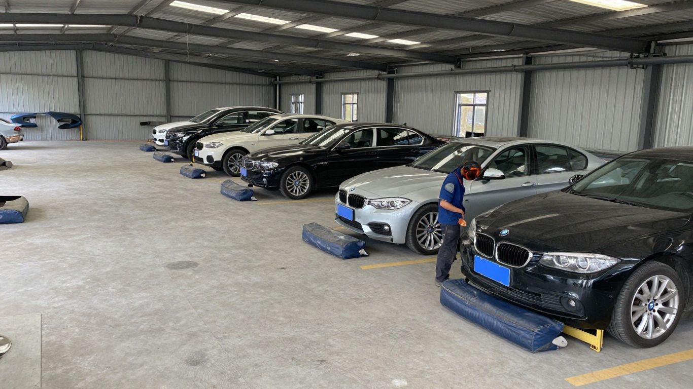 Used BMW bumper inventory in an auto recycling yard