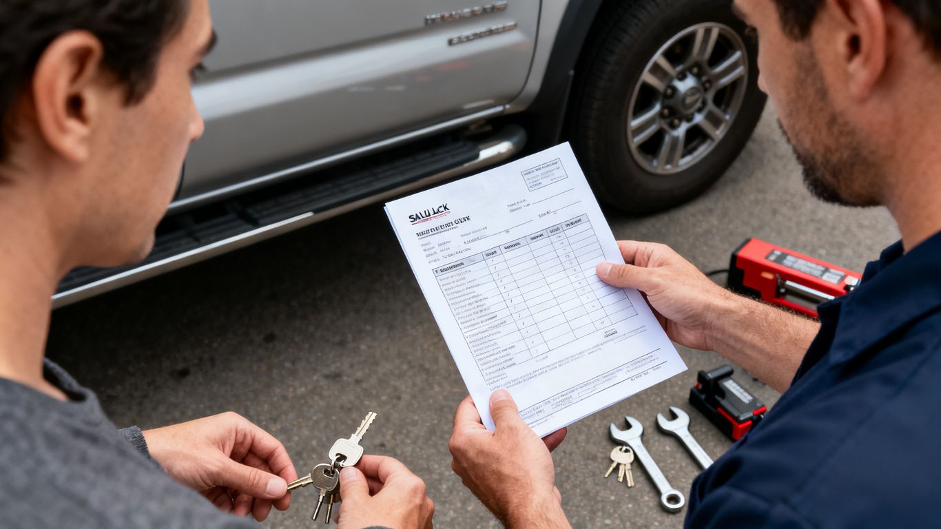 Customer reviewing locksmith invoice beside vehicle
