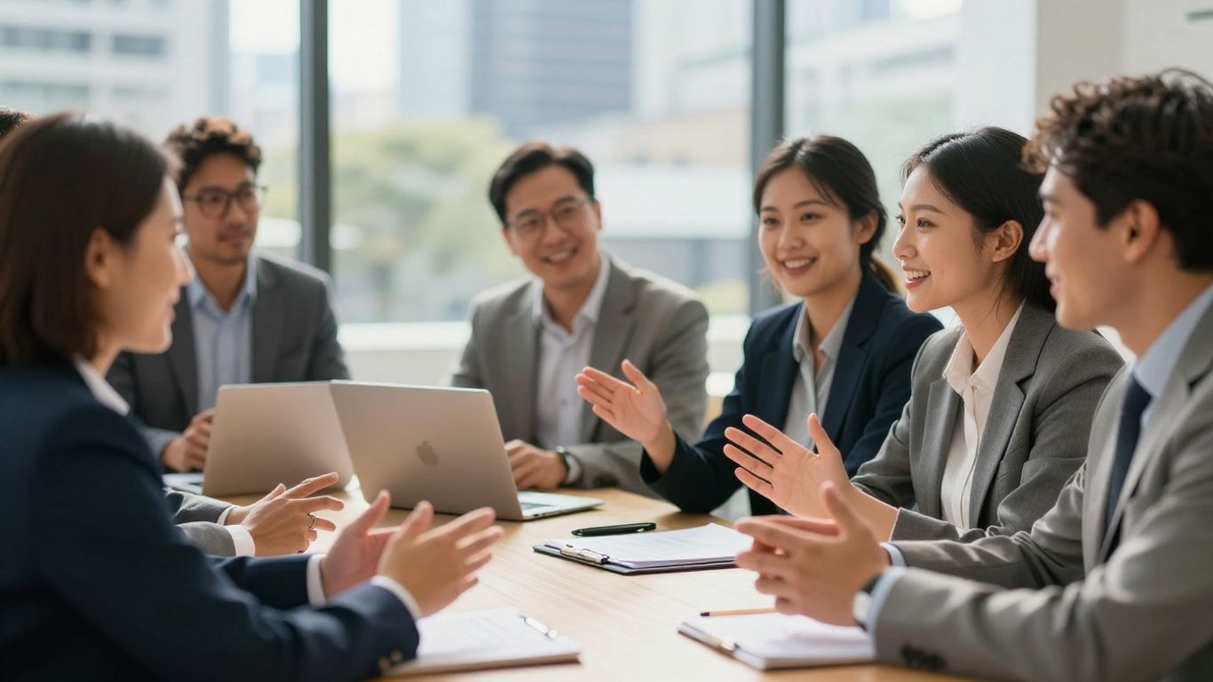Australian business people collaborating in a bright, modern office.