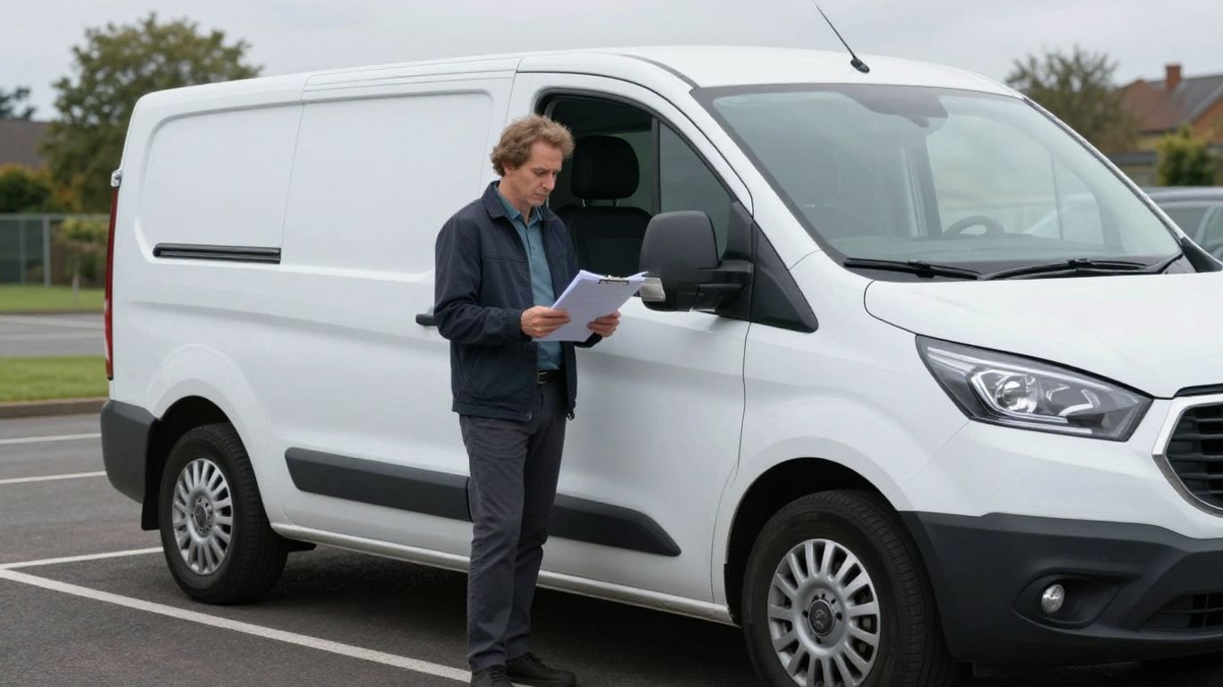 Driver checking van documents beside a modern vehicle