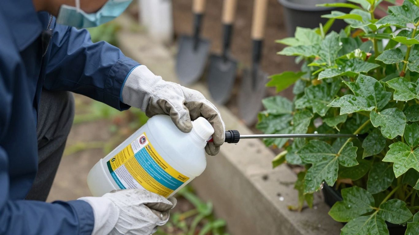 Landscaper safely handling chemicals with protective gear.