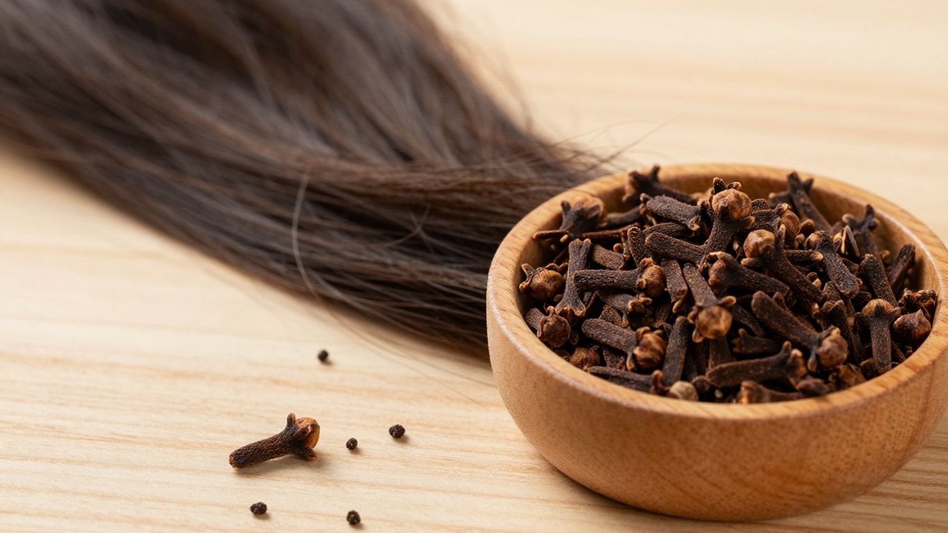 Healthy hair with bowl of dried cloves nearby