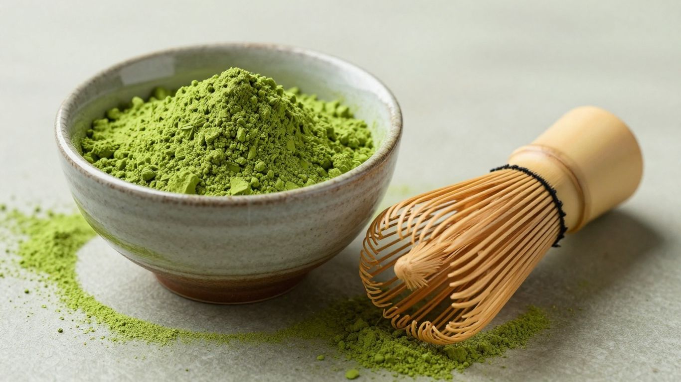 Vibrant green matcha powder in a bowl with a bamboo whisk.