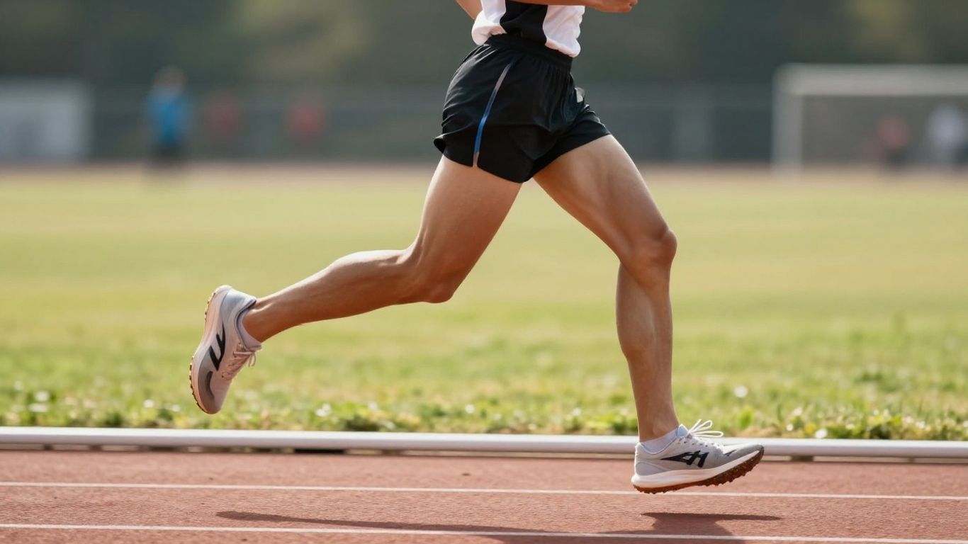 Runner's legs in motion on a track during training.