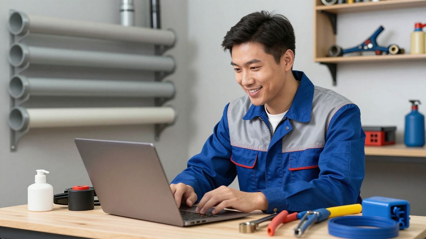 Plumber with laptop and tools in small workshop