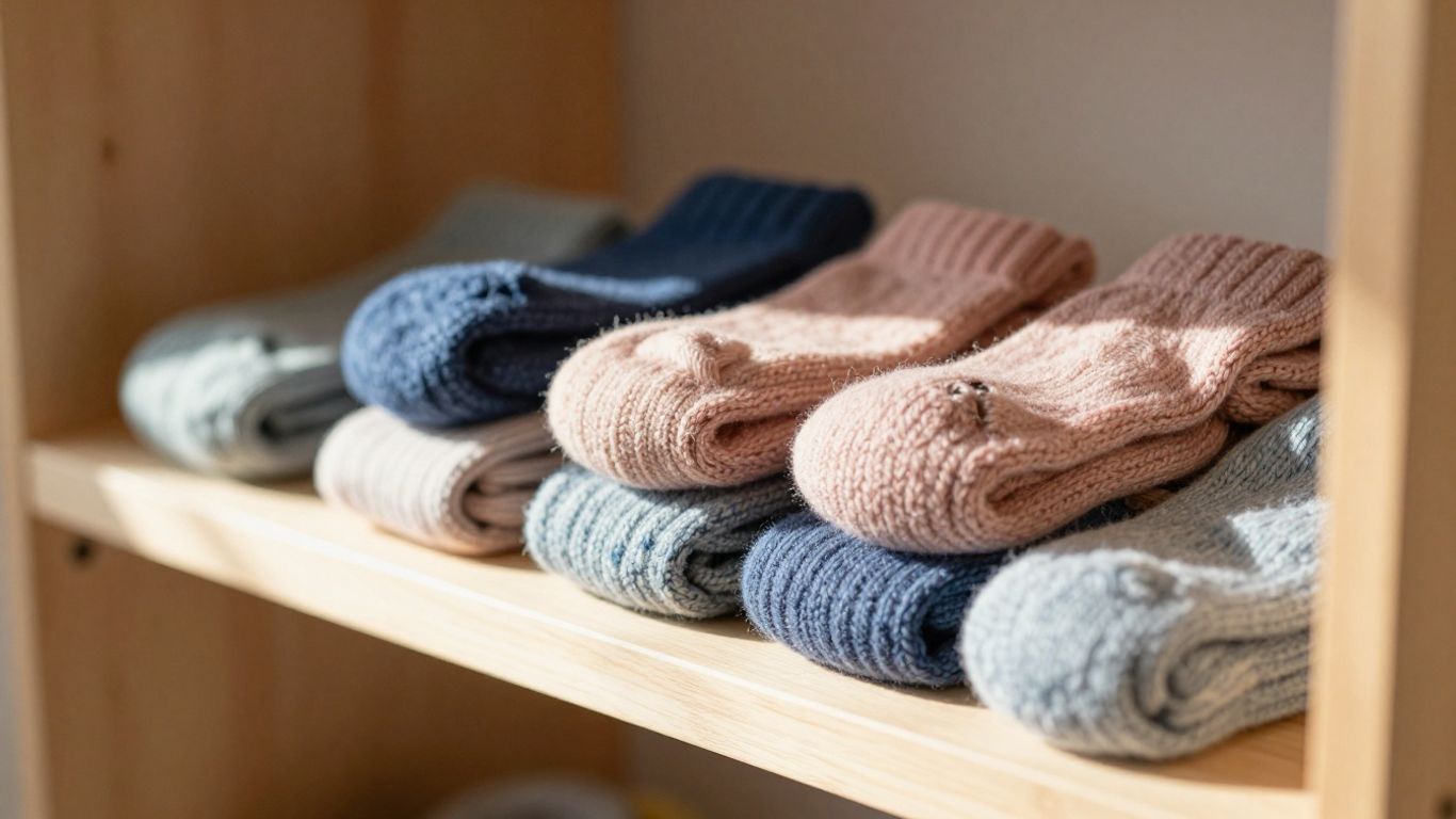Neatly folded wool socks on a wooden shelf.