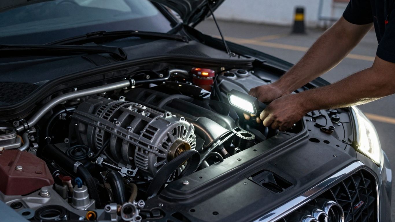 Dimming headlights beside an Audi engine
