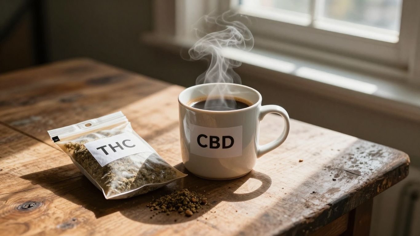 THC and CBD coffee bags next to a steaming mug.