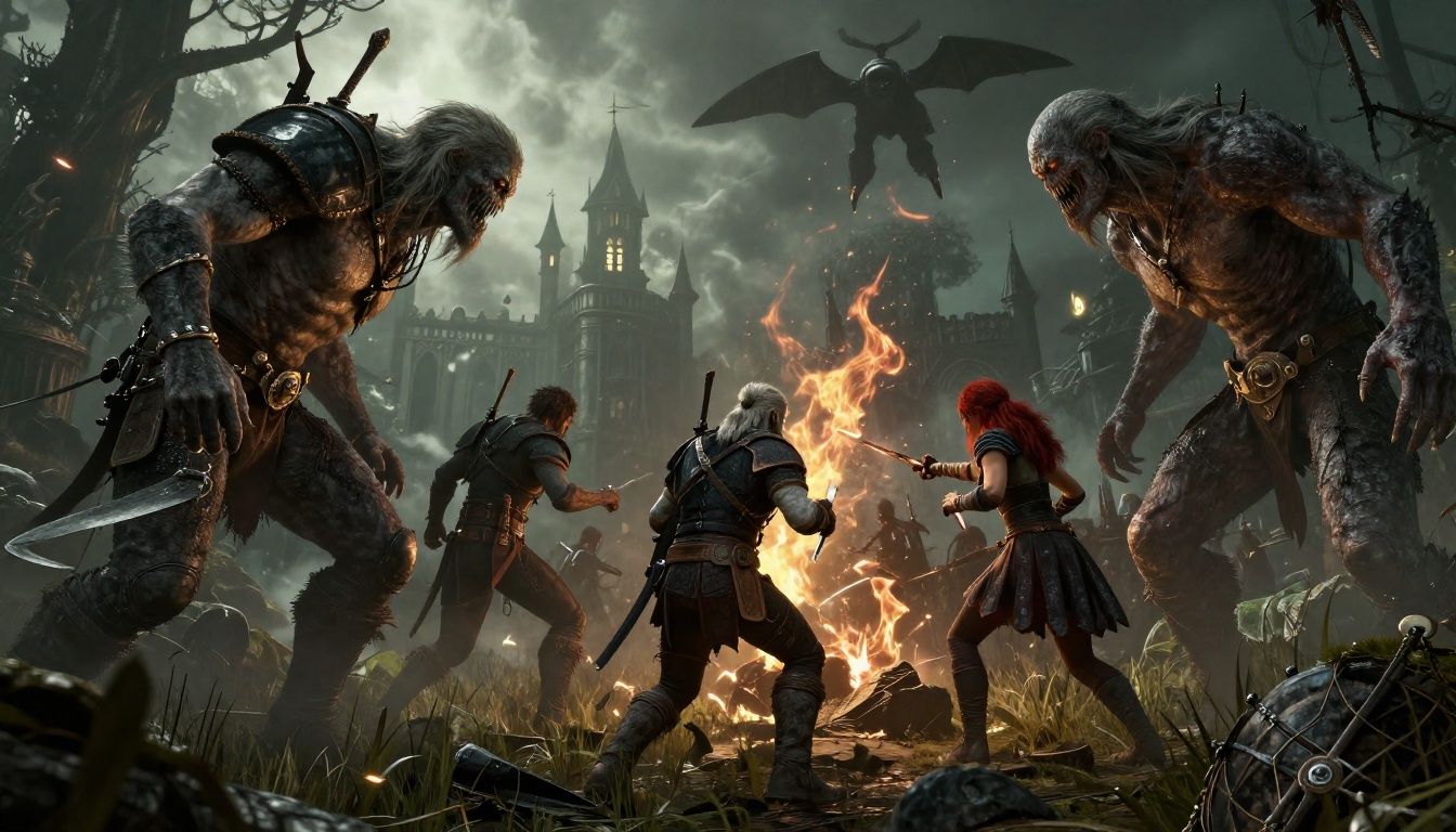 Detalhe de uma batalha intensa contra um monstro em The Witcher 3, destacando os efeitos visuais e o cenário fantástico
