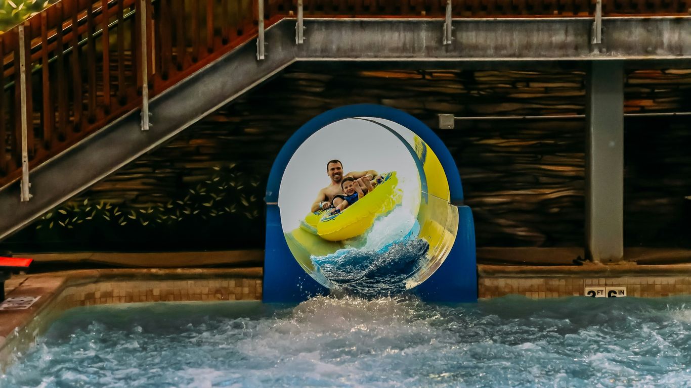 A vibrant water park entrance view