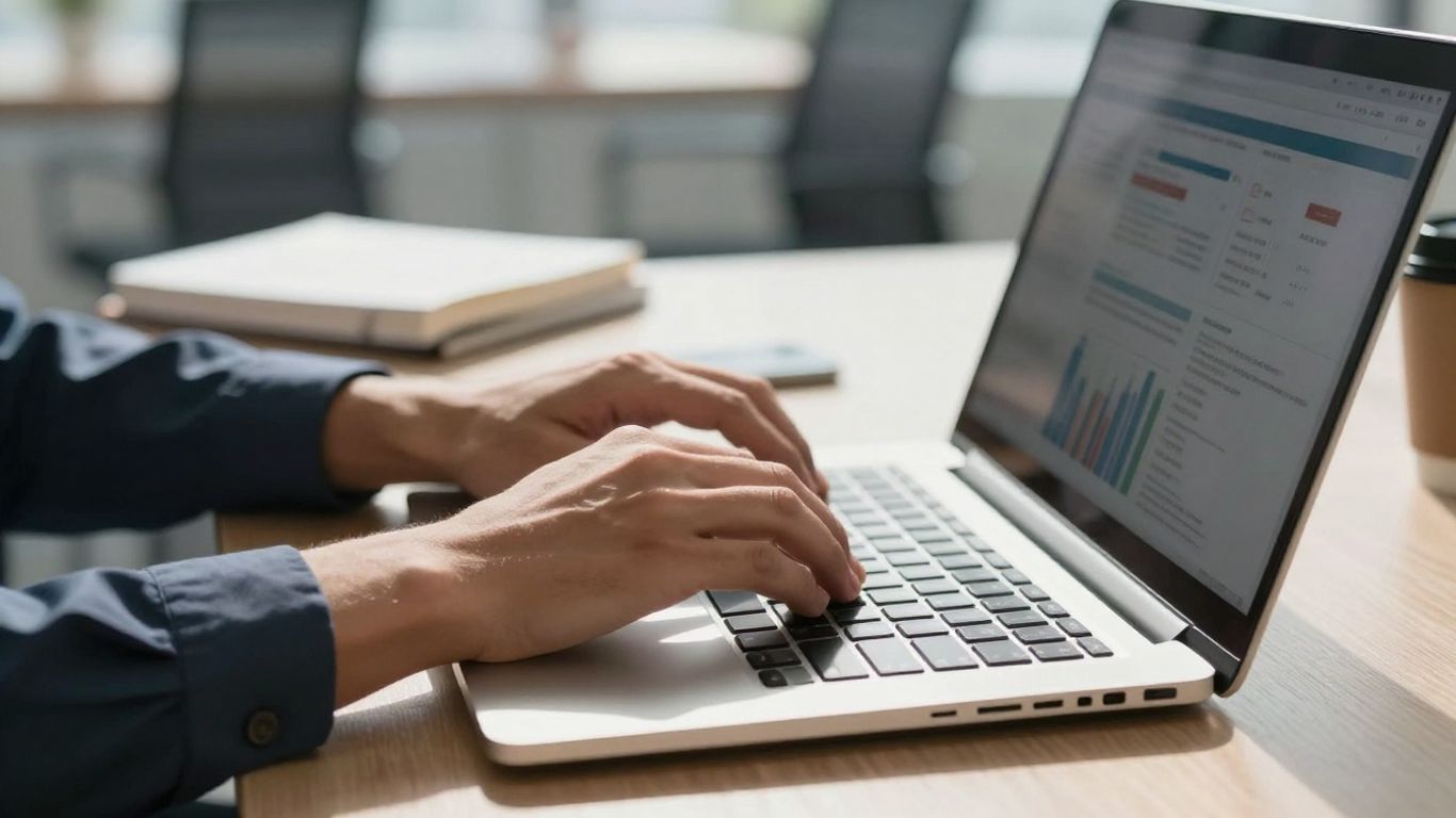 Hands typing on a laptop in a modern office.