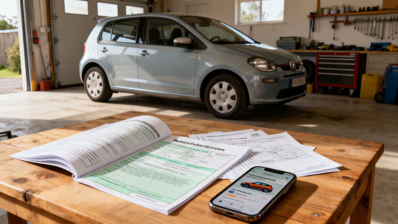 Fahrzeugschein neben Gebrauchtwagen und Inserat