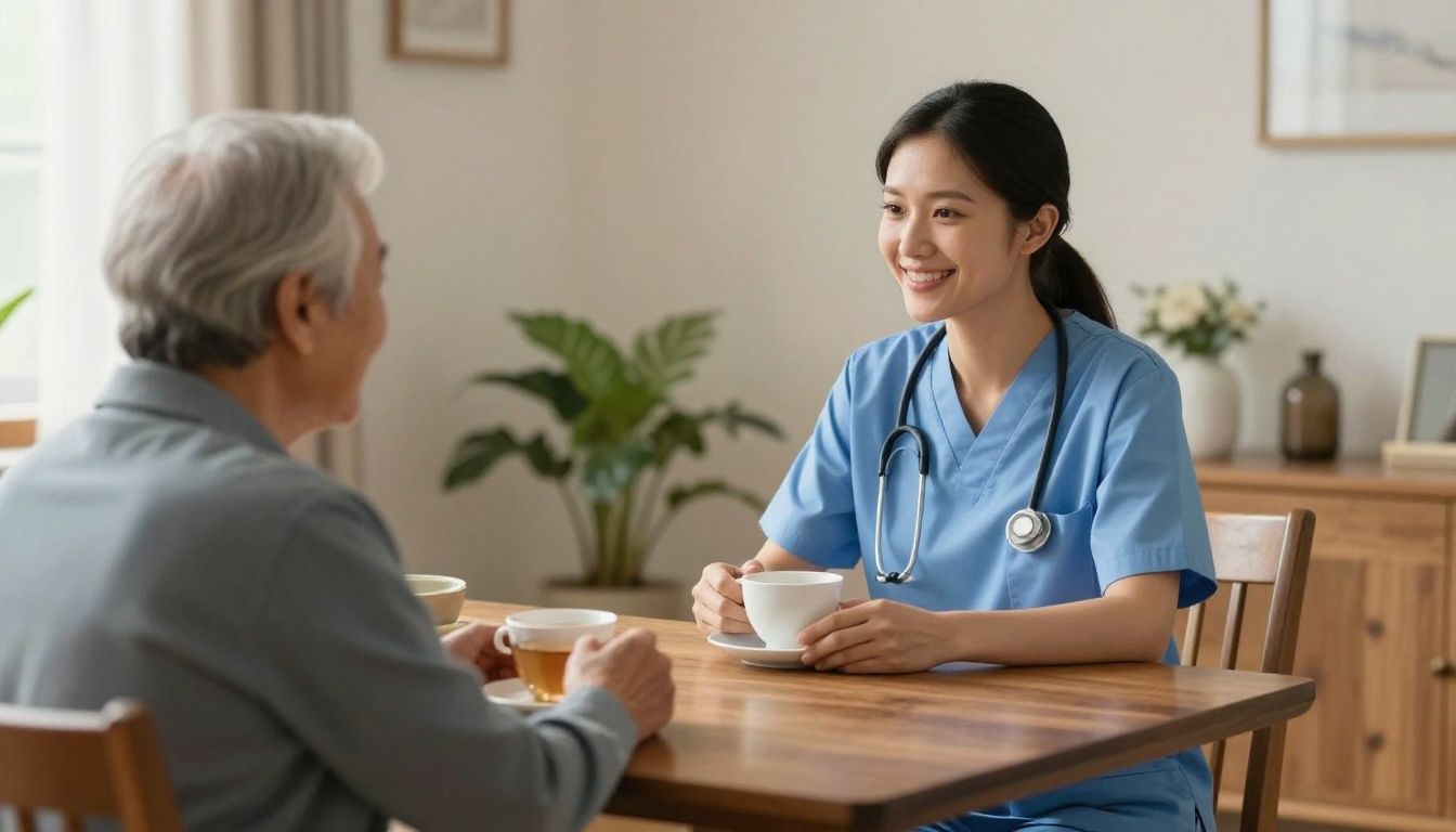 A warm, genuine home care scene showing a nurse sitting at a dining table with an older adult, sharing a calm moment over a cup of tea in a brightly lit, comfortable home environment.