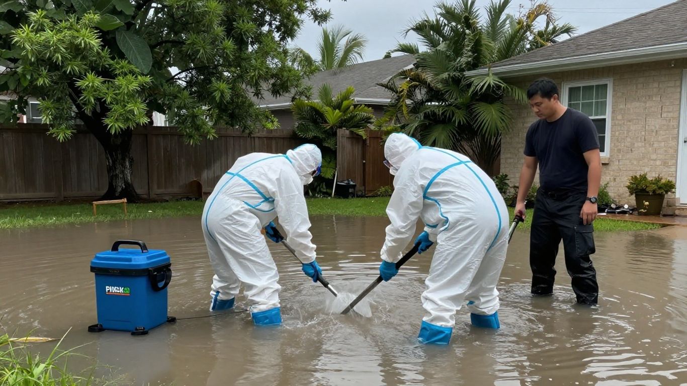 Water damage restoration team working in a flooded Houston home.