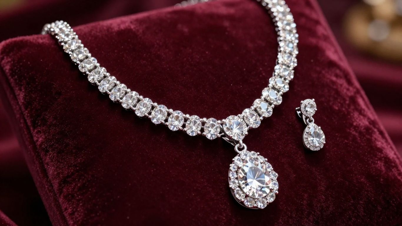 Fonkelende diamanten ketting en oorbellen op een fluwelen kussen.