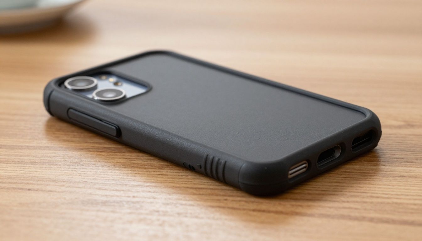A close-up shot of a heavy-duty Galaxy S25 case showing the reinforced corner and textured grip, resting on a wooden table.