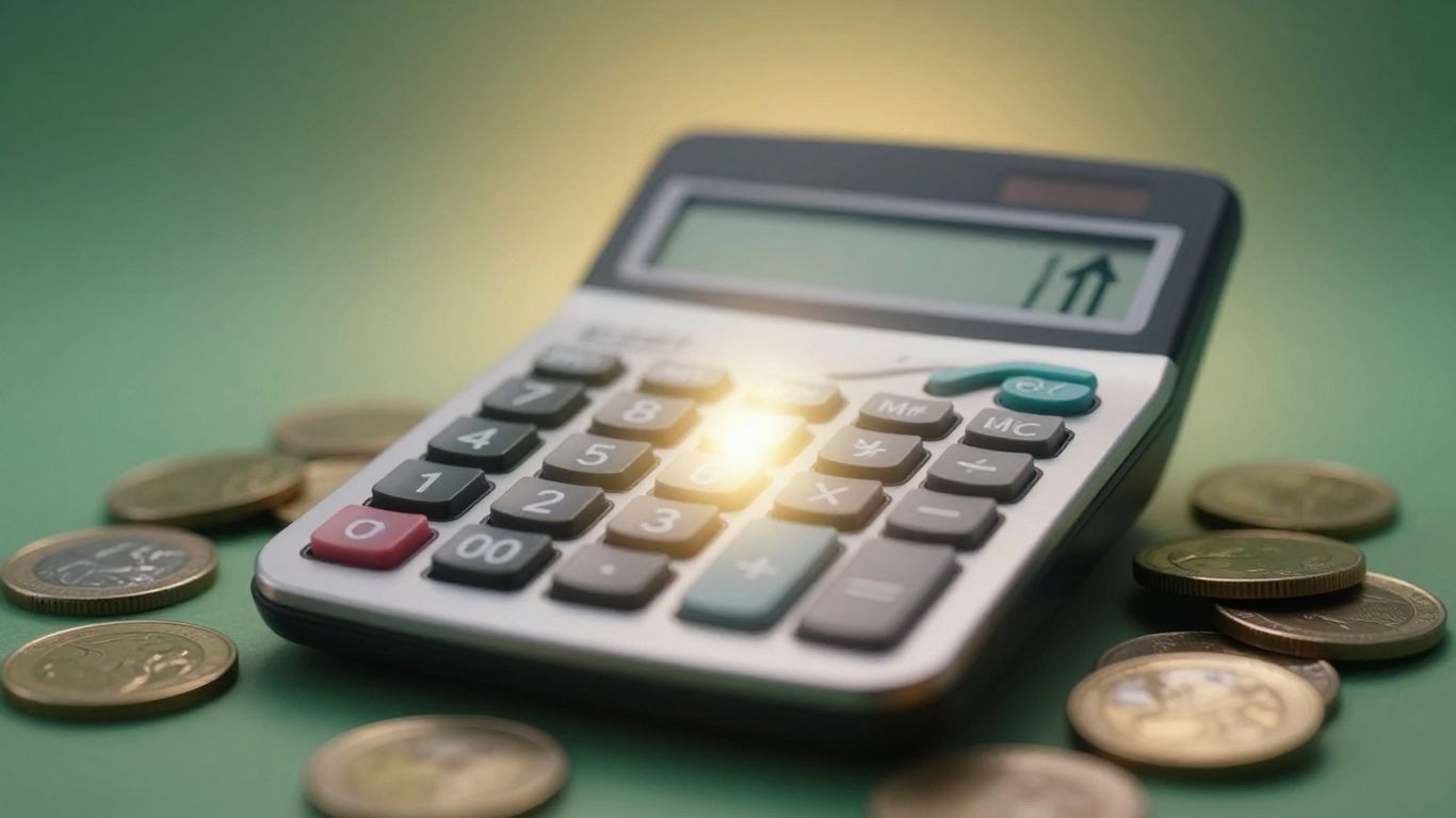 Calculator with rising arrow and coins