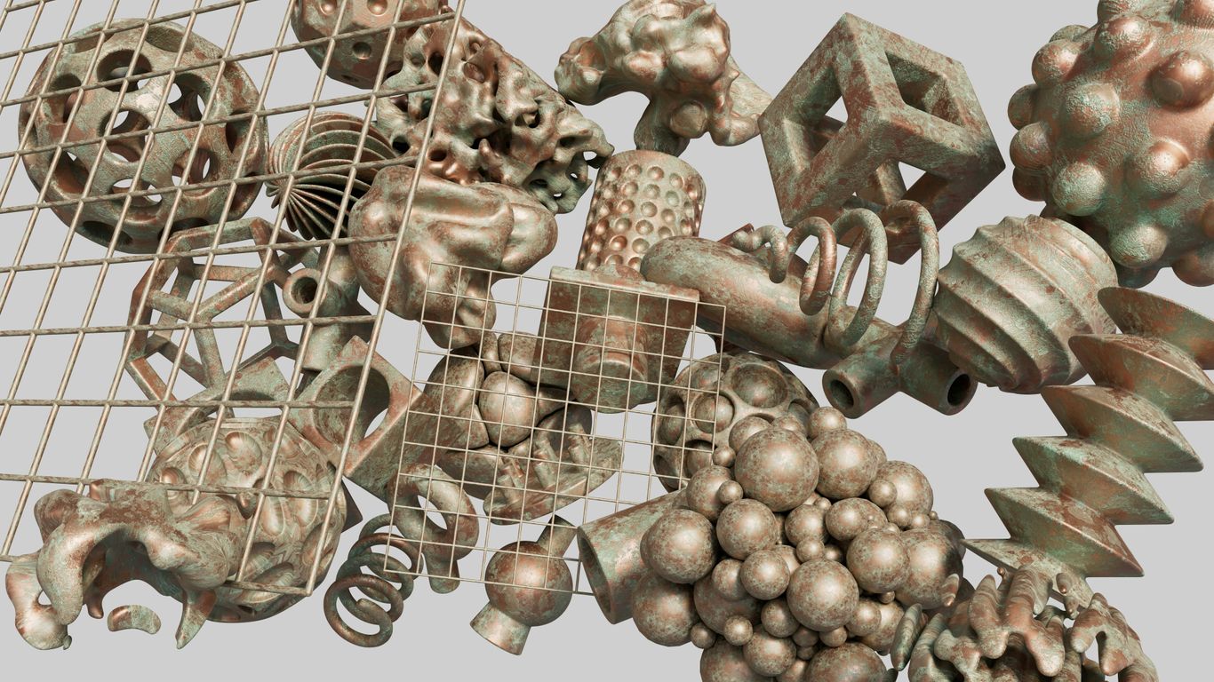 a bunch of metal objects hanging from a wire fence