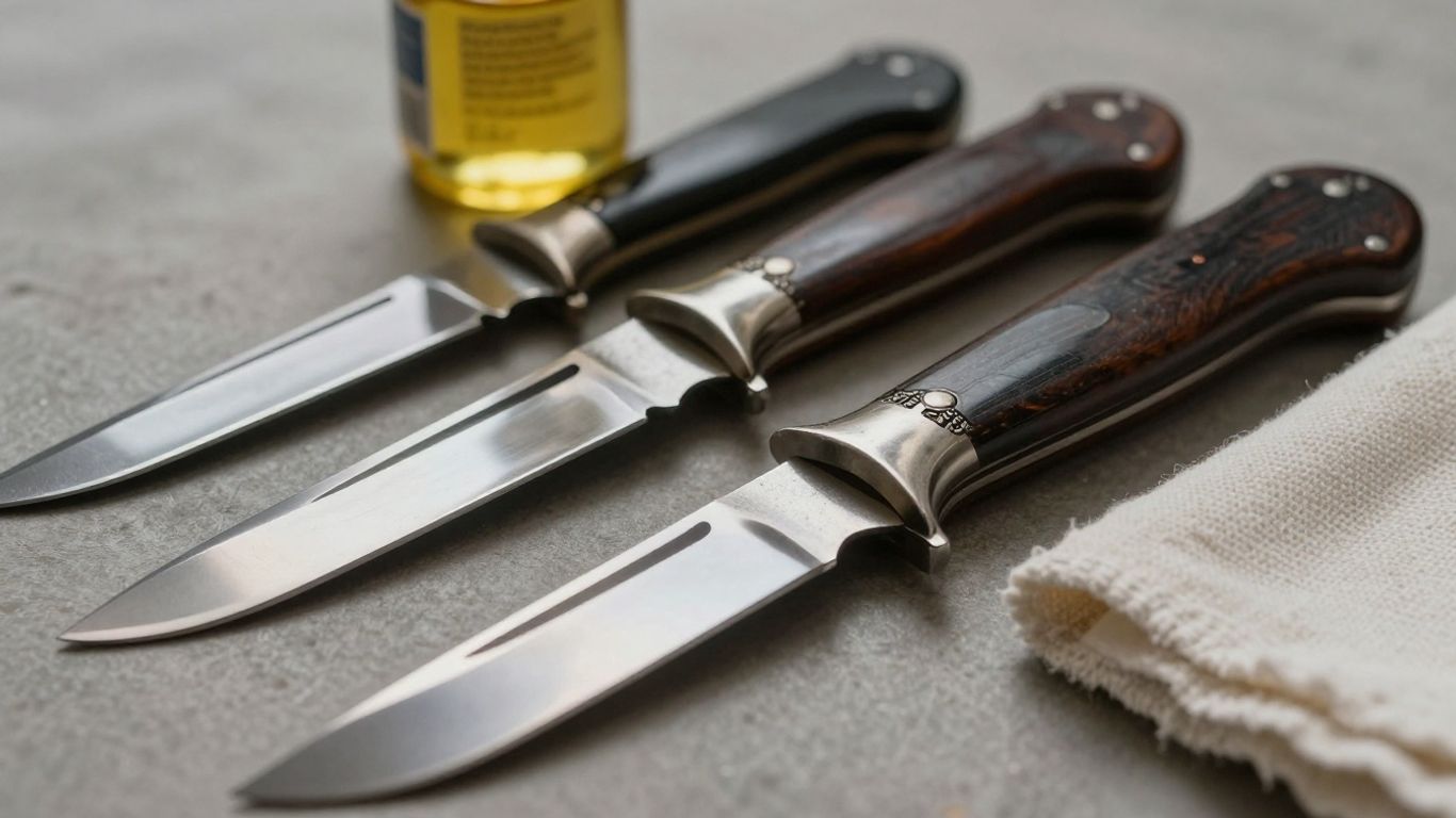 Collectible knives being cleaned and lubricated for preservation.