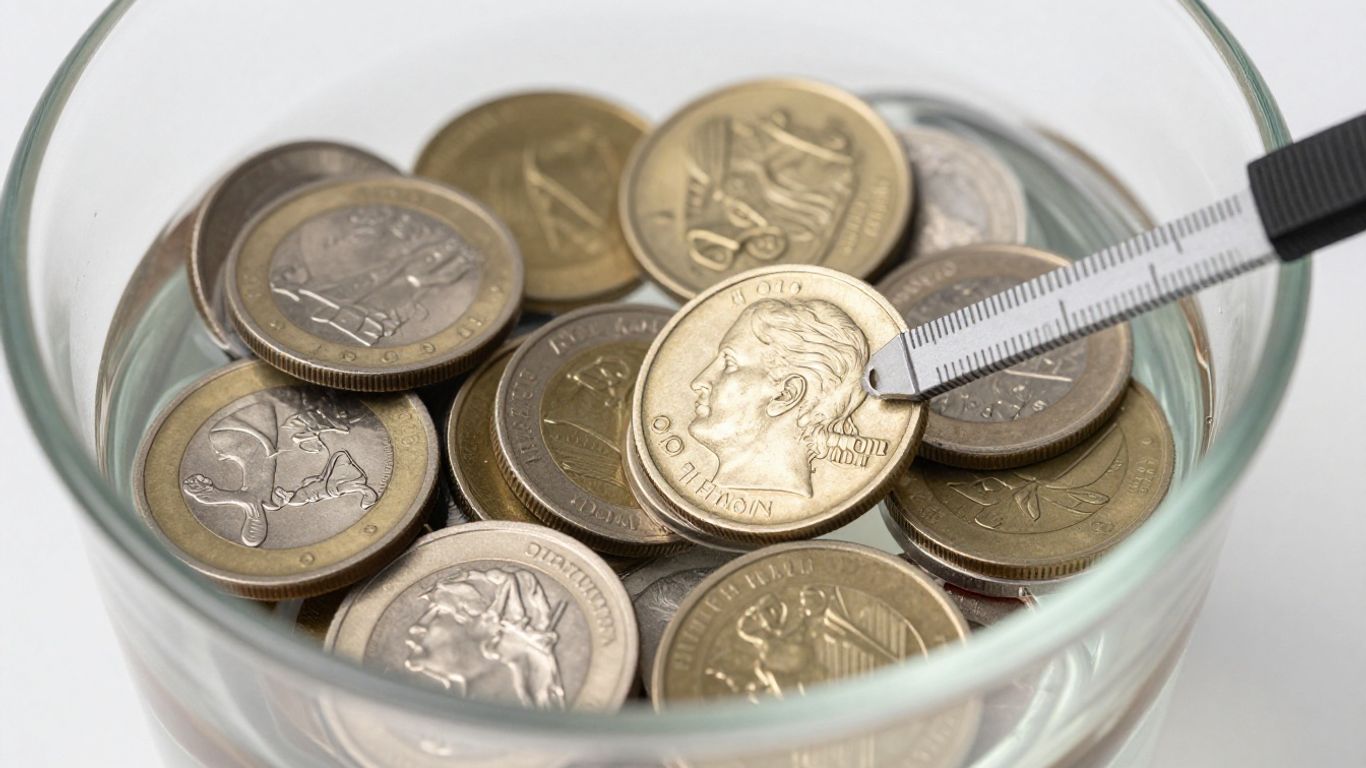 Coins being measured for density in a lab setting.