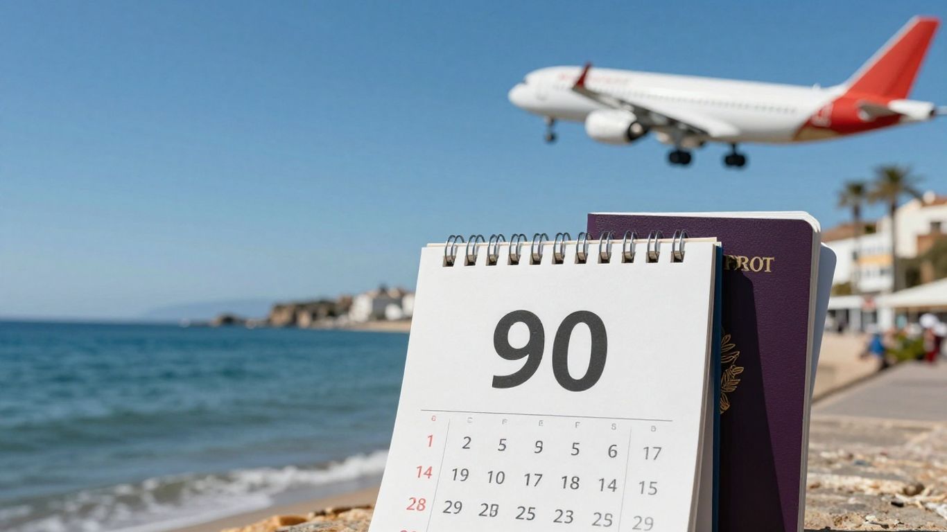 Spanish coast with calendar showing 90 days, passport, and plane.